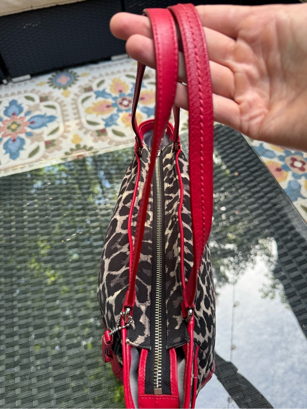 Coach Park Ocelot Leopard Print Canvas Tote Red Leather Shoulder Bag - Picture 3 of 7